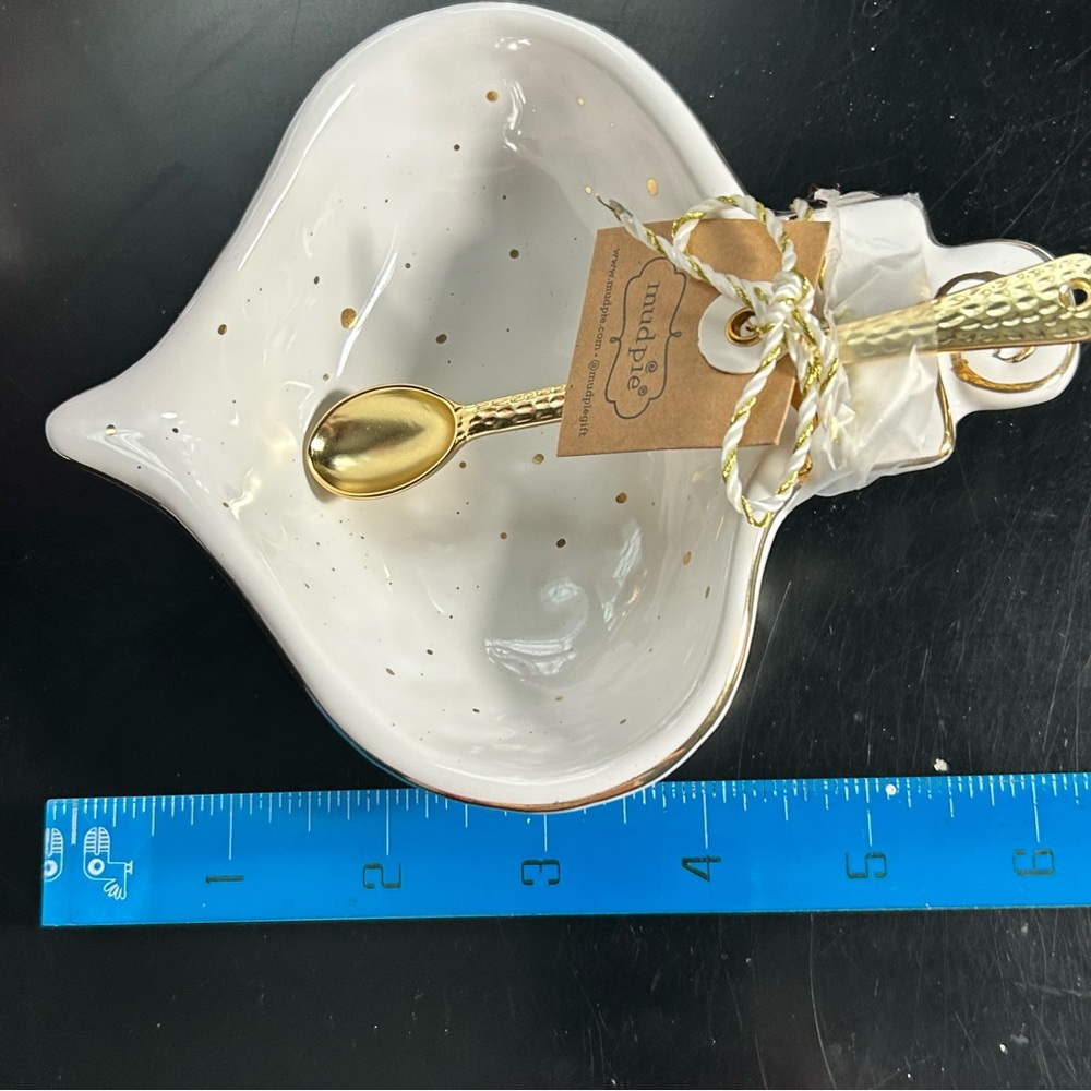 Mud Pie Festive Cream Ornament Bowl with Gold Accents & Gold Serving Spoon - Picture 7 of 7
